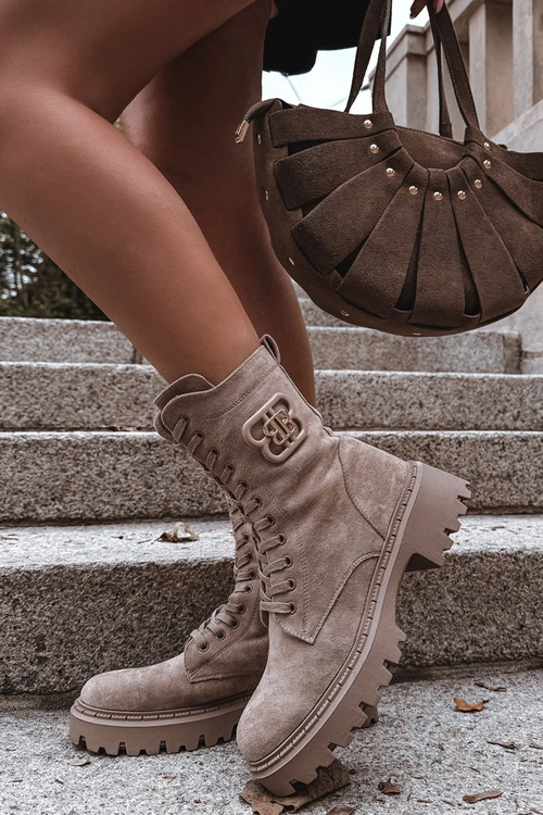 Botki Wokrery Damskie Z Ozdobnym Elementem Ocieplane Beżowe Kalindra