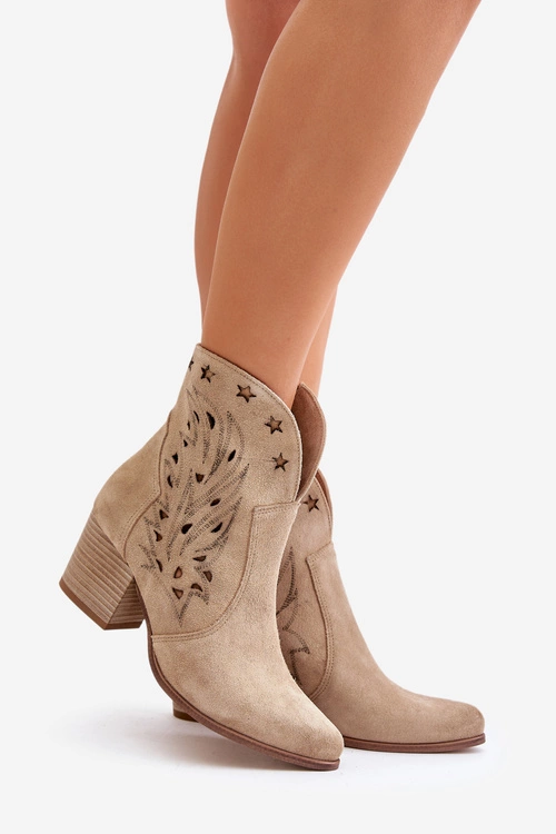 Ażurowe Botki Kowbojki Zamszowe Na Słupku Lewski 3613 Beżowe