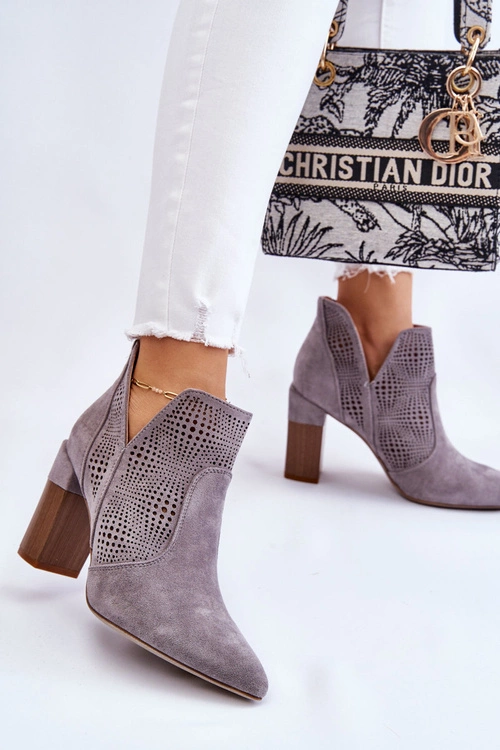 Ażurowe Zamszowe Botki Na Obcasie Szare Leanna