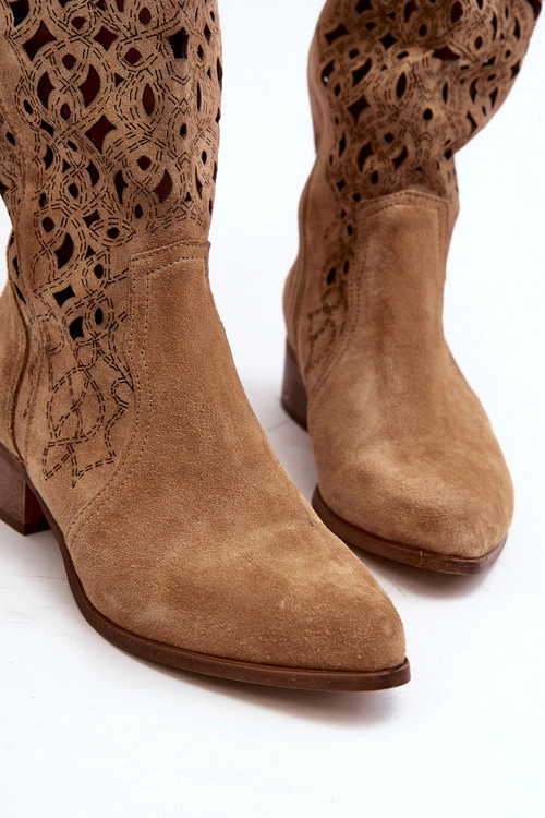 Zazoo 3403 Ażurowe Kozaki Damskie Na Niskim Obcasie Beżowe