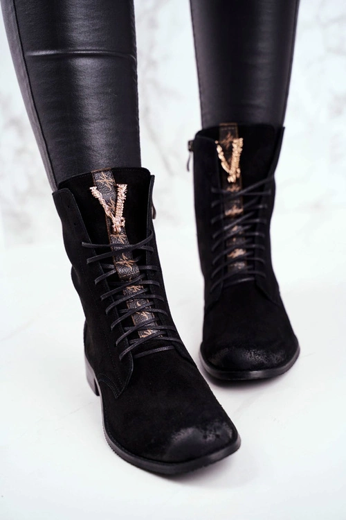 Botki Damskie Skórzane Nubuk Czarne Nicole 2593