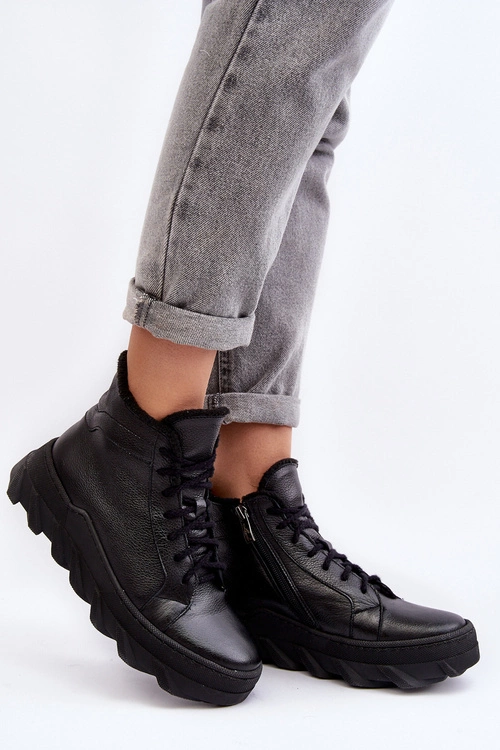 Ocieplane Skórzane Botki Damskie Na Platformie Czarne Lemar Jevette