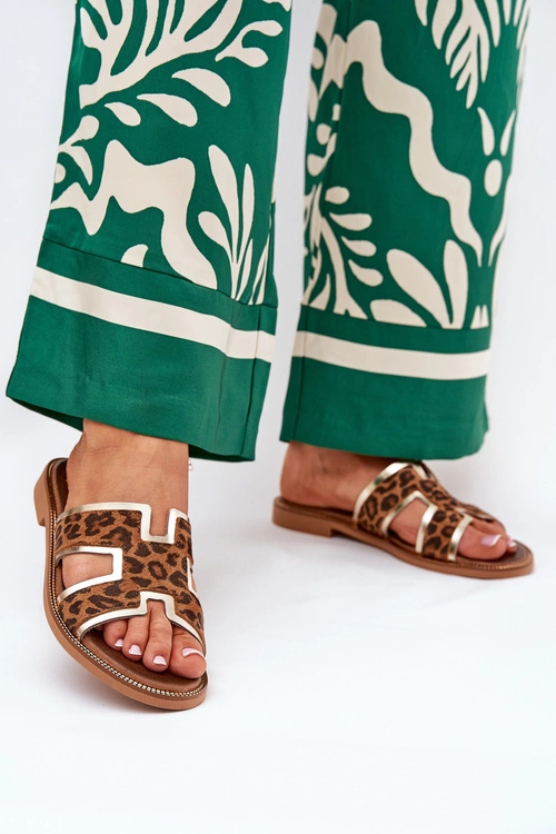 Skórzane Płaskie Klapki W Panterkę Zazoo 40383 Brązowe