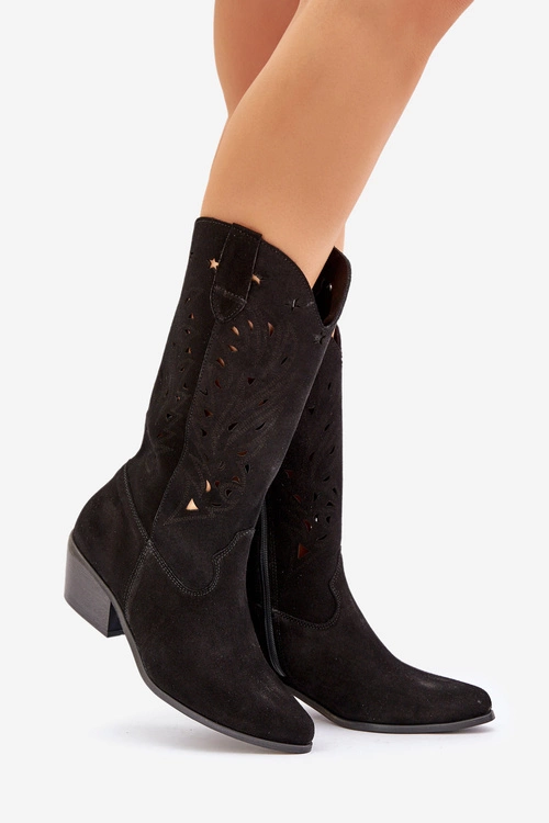 Zamszowe Kozaki Z Ażurową Cholewką Zazoo 3609 Czarne