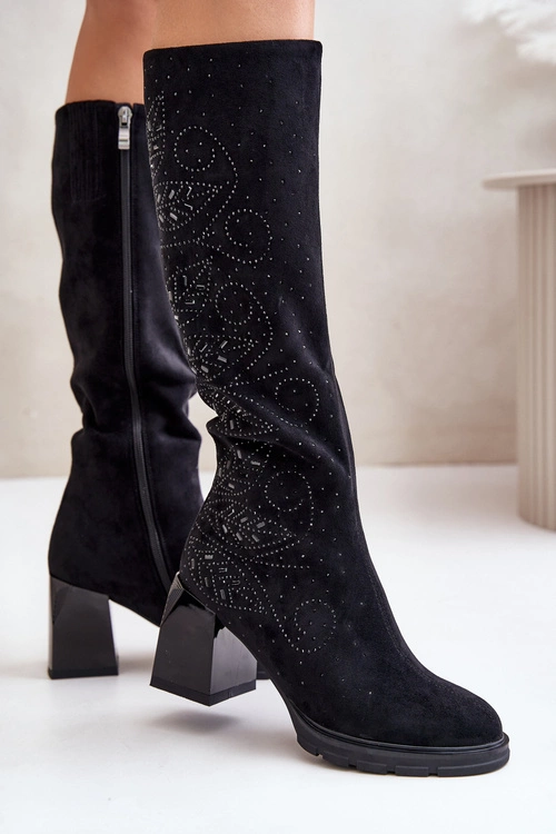 Zdobione Kozaki Damskie Przed Kolano Ocieplane Na Słupku MR880-158 Czarne