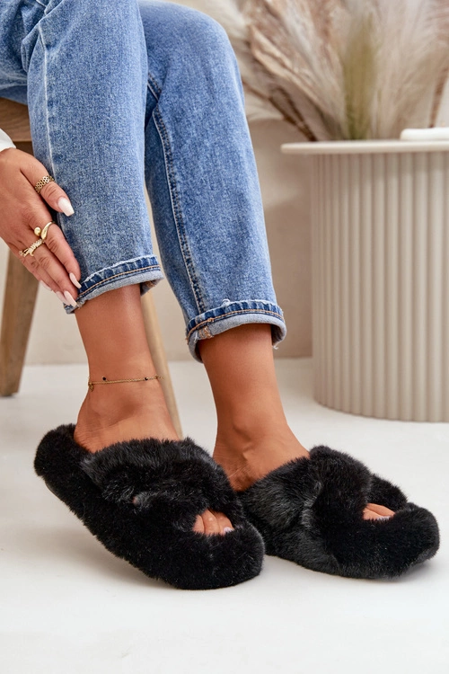 Futrzane Kapcie Damskie Na Grubej Podeszwie Czarne Lavitera