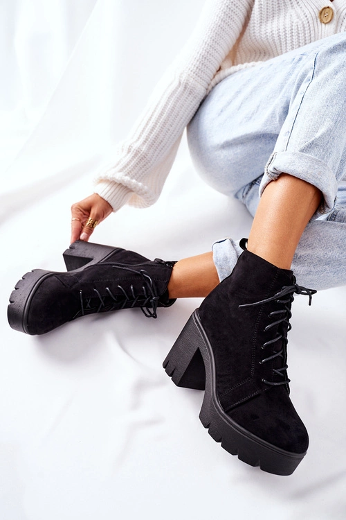 Ocieplane Botki Zamszowe na Słupku Czarne Direction