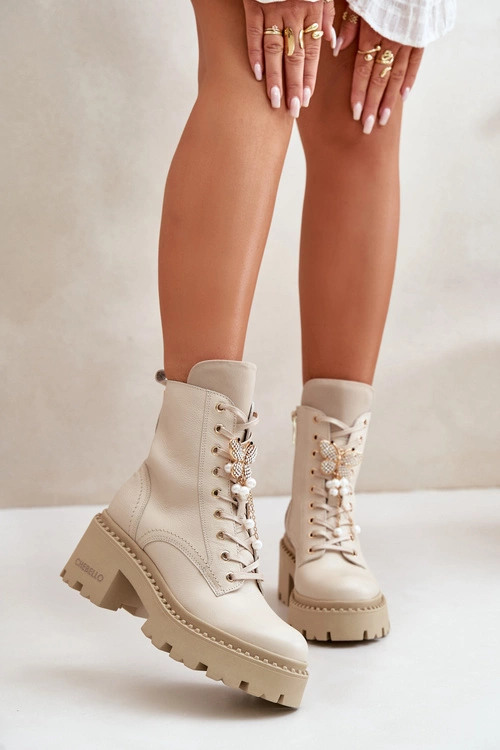 Skórzane Botki Workery Damskie Z Motylem Beżowe CheBello 4590