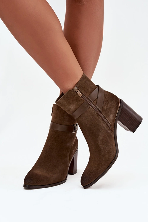 Botki Damskie Z Naturalnego Zamszu Na Słupku Ocieplane Sergio Leone BT25384-S Khaki 