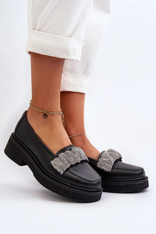 Zazoo 3419 Mokasyny Damskie Skórzane Z Ozdobnym Paseczkiem Czarne