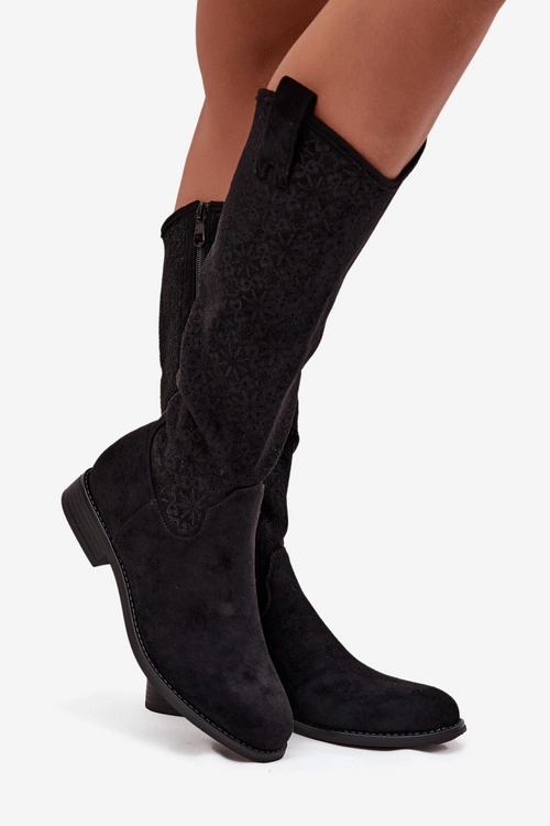 Kozaki Damskie Ażurowe Na Płaskim Obcasie S.Barski HY52-534 Czarne