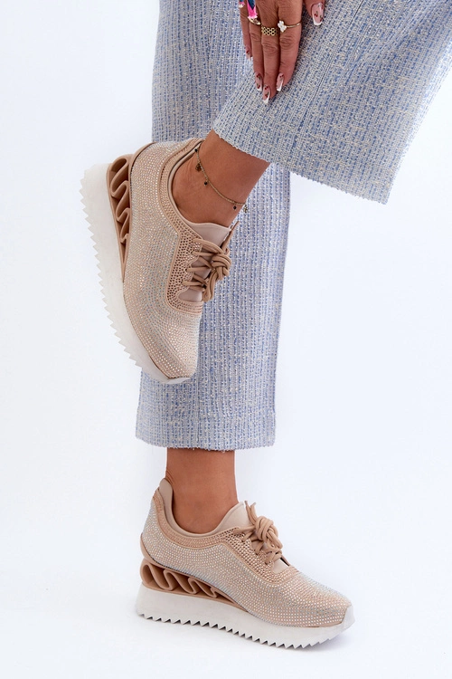 Sneakersy Damskie Na Koturnie Zdobione Cyrkoniami D&A MR38-377 Beżowe