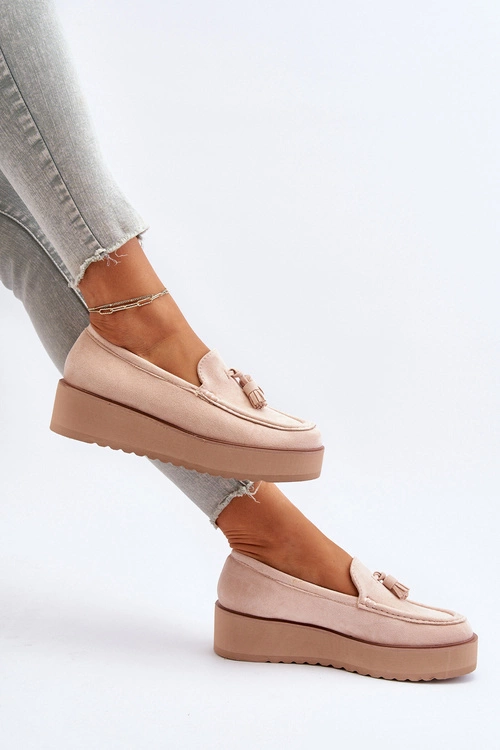 Mokasyny Damskie Na Platformie Z Frędzlami Jasnobeżowe Mialani
