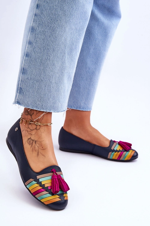 Skórzane Baleriny Z Frędzlami Maciejka 04016-17 Granatowe