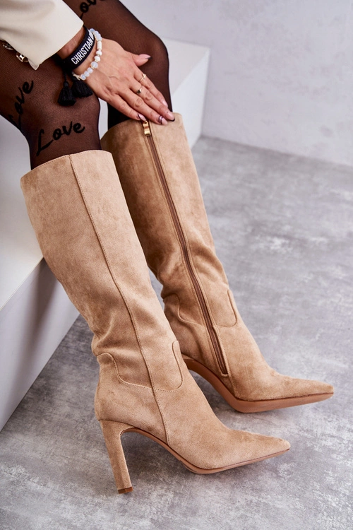 Kozaki Damskie Na Słupku Do Kolana Ciemnobeżowe Truly Love