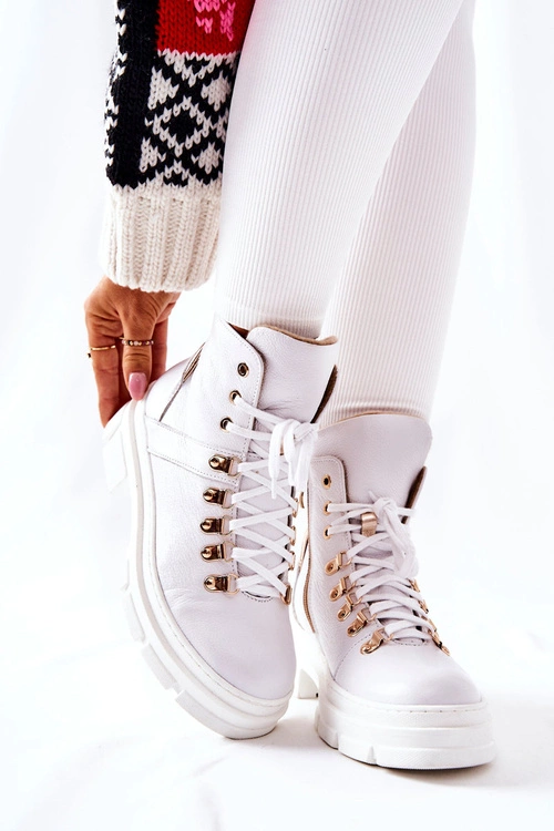 Skórzane Ocieplane Botki Białe Brescia