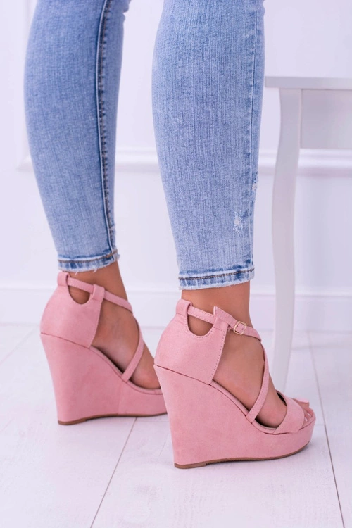 Damskie Różowe Zamszowe Sandały Na Koturnie Eline