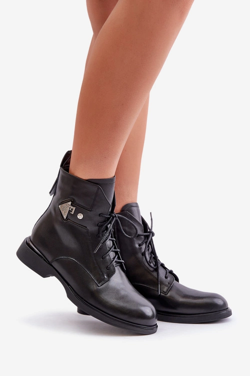 Skórzane Botki Na Płaskim Obcasie Z Ozdobą Ocieplane Maciejka N3115-01 Czarne