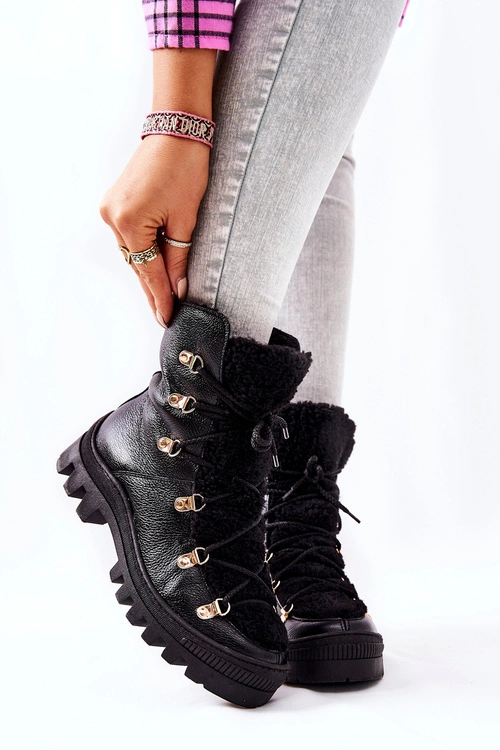 Ocieplane Skórzane Botki Trapery Czarne Cateline