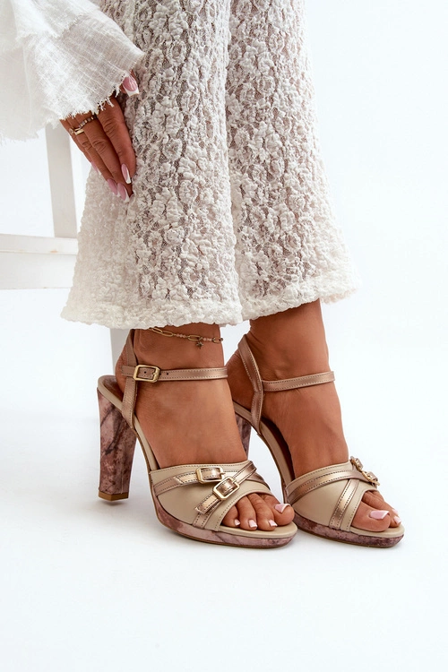 Skórzane Sandały Damskie Na Słupku Maciejka 06564-22 Beżowo-Złote