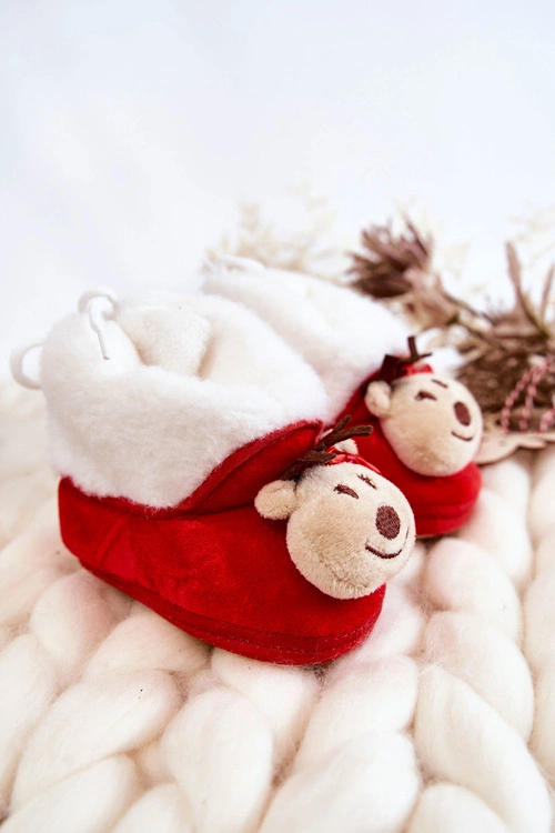 Dziecięce Ocieplane Papcie Renifer Z Kokardką Czerwone