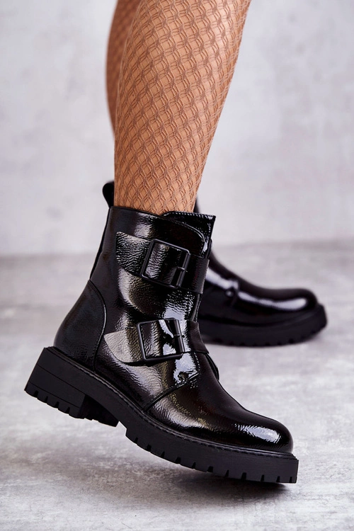 Lakierowane Damskie Botki Na Suwak Czarne Gritta