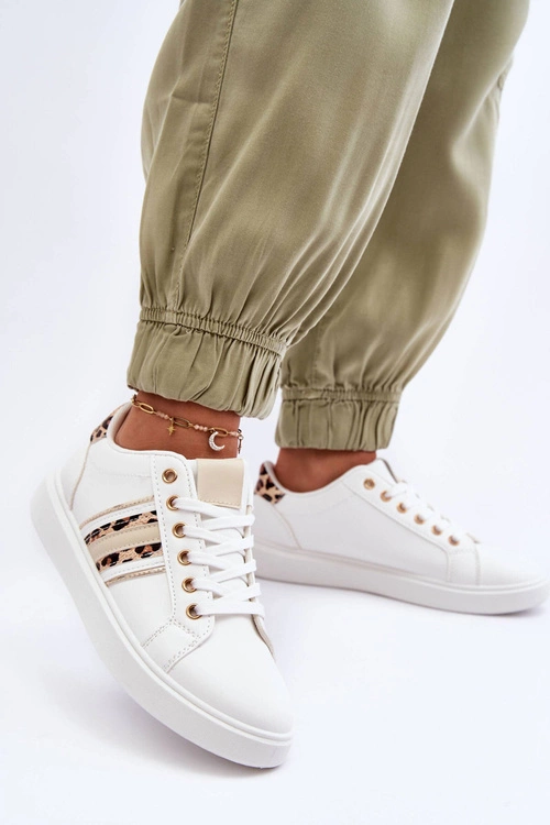 Skórzane Damskie Buty Sportowe Zwierzęcy Wzór Białe Rilee