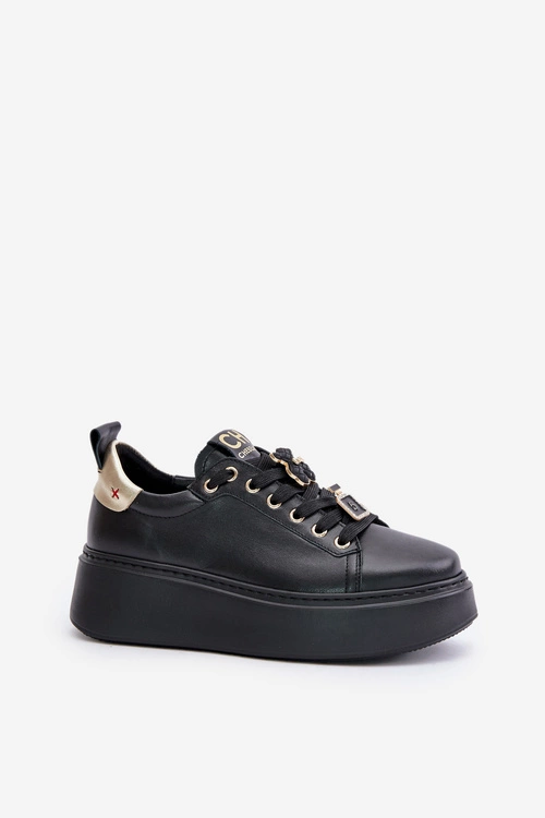 Sneakersy Damskie Skórzane Z Przypinkami Na Platformie CheBello 4596 Czarne