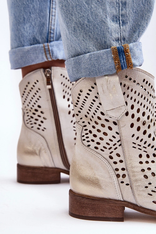 Zazoo 3305/2 Damskie Skórzane Ażurowe Botki Kowbojki Złote