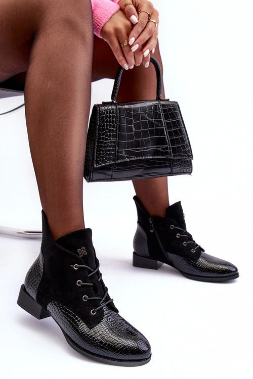 Skórzane Półbuty Na Płaskim Obcasie Zwierzęcy Wzór Czarne Tianeta