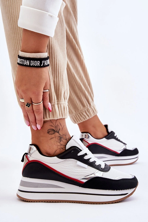 Damskie Buty Sportowe Na Koturnie I Platformie Biało-Czarne Allen