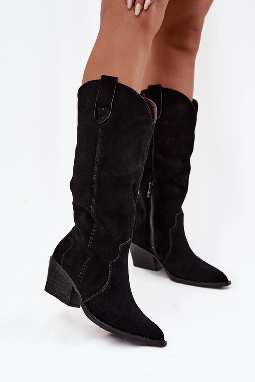 Skórzane Zamszowe Kozaki Kowbojki Damskie Ocieplane Czarne Urselle