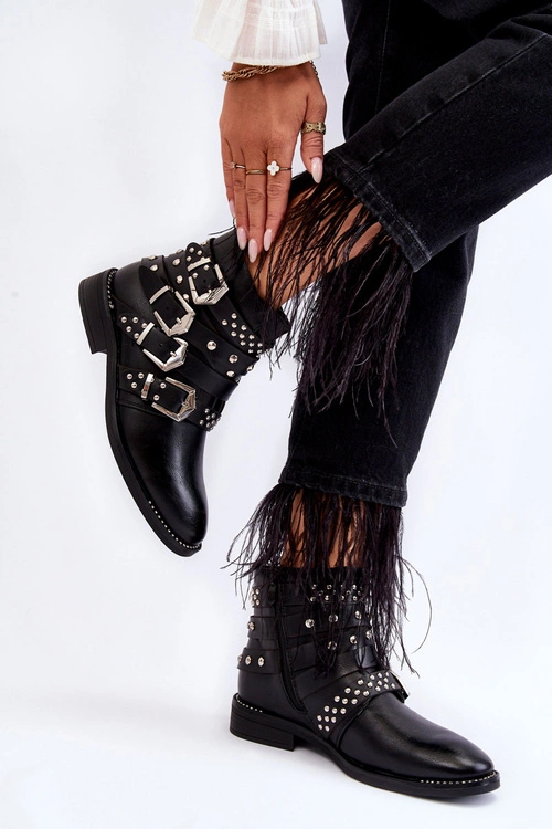 Damskie Botki Z Paskami I Ćwiekami Czarne Ramso