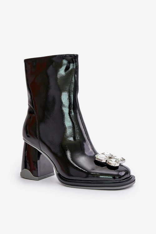 Lakierowane Botki Damskie Na Słupku Z Ozdobą D&A MR880-019 Czarne