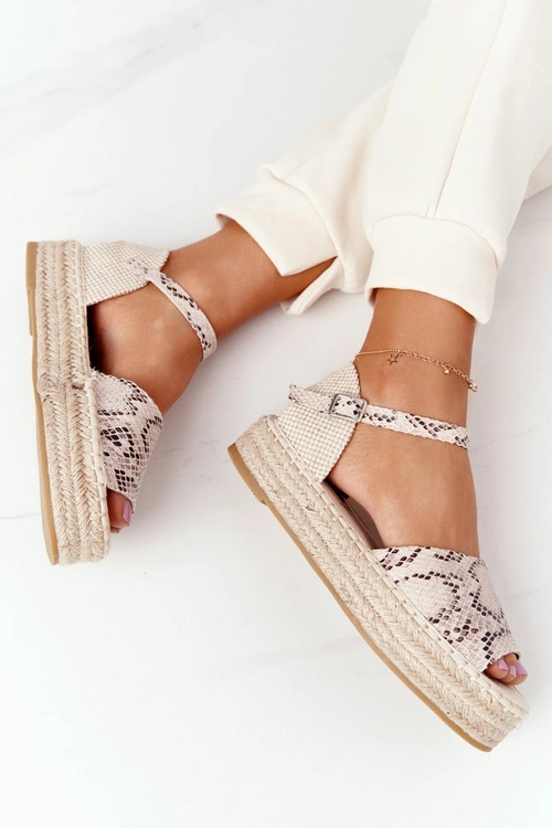 Sandały Na Platformie Z Plecionką Beżowe Wężowy Wzór Megara