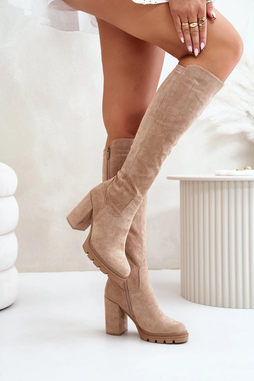 Ocieplane Kozaki Damskie Na Słupku Eko Zamszowe Beżowe Tirisha