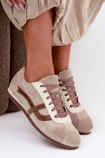 Skórzane Zamszowe Sneakersy Damskie Zazoo N1402S2 Beżowe