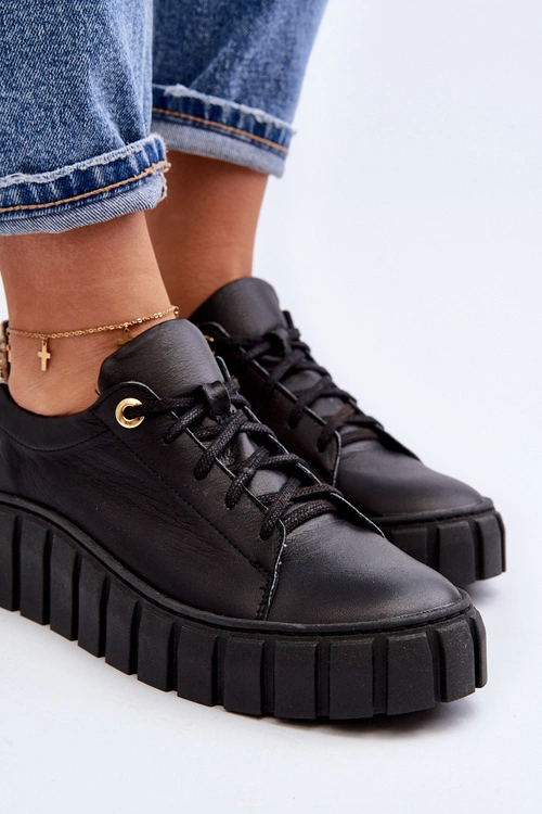 Zazoo 2919 Damskie Skórzane Półbuty Na Grubej Podeszwie Czarne