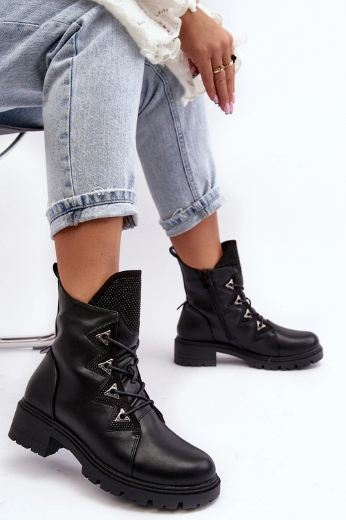 Skórzane Ocieplane Botki Z Dżetami Czarne Gwen S.Barski HY93-52A