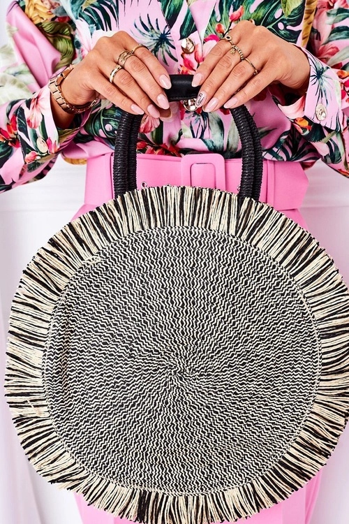 Pleciona Okrągła Torebka Boho BRUNO ROSSI Czarno-Beżowa