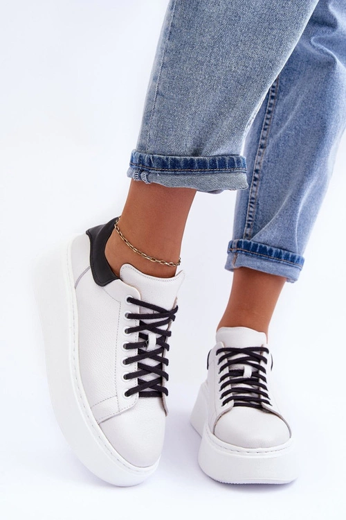 Damskie Buty Sportowe Skórzane na Platformie Biało-Czarne Lemar 10150