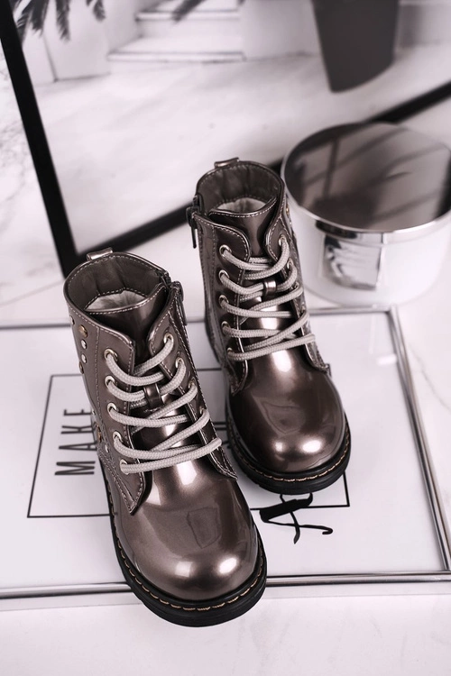 Dziecięce Ocieplane Botki z Dżetami Lakierowane Szare Fame