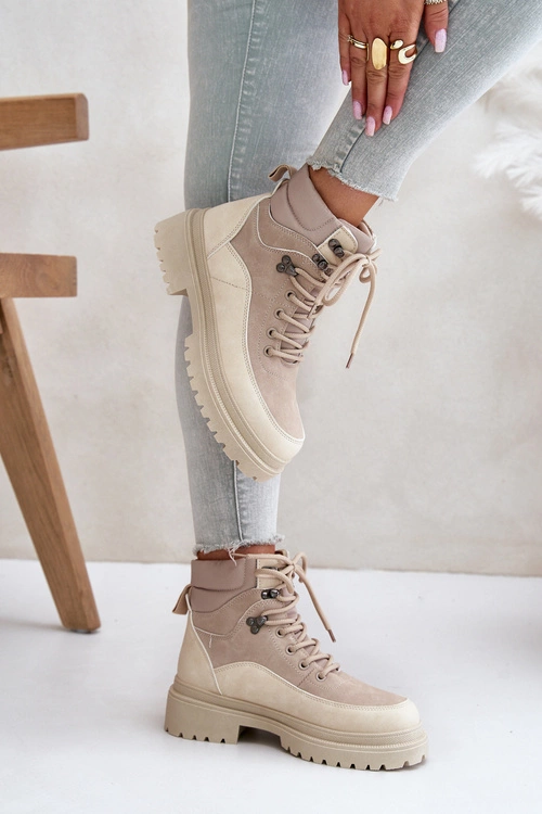 Botki Trapery Damskie Sznurowane Beżowe Rabaria