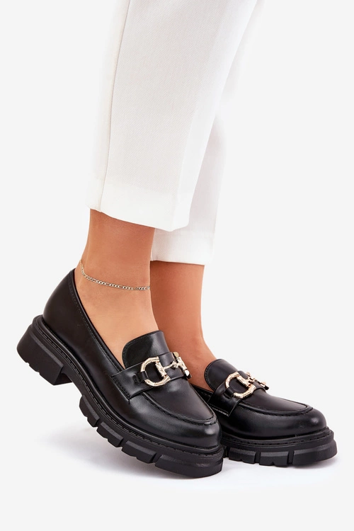 Mokasyny Damskie Eko Skórzane Ze Złotym Detalem Czarne Ravalissea