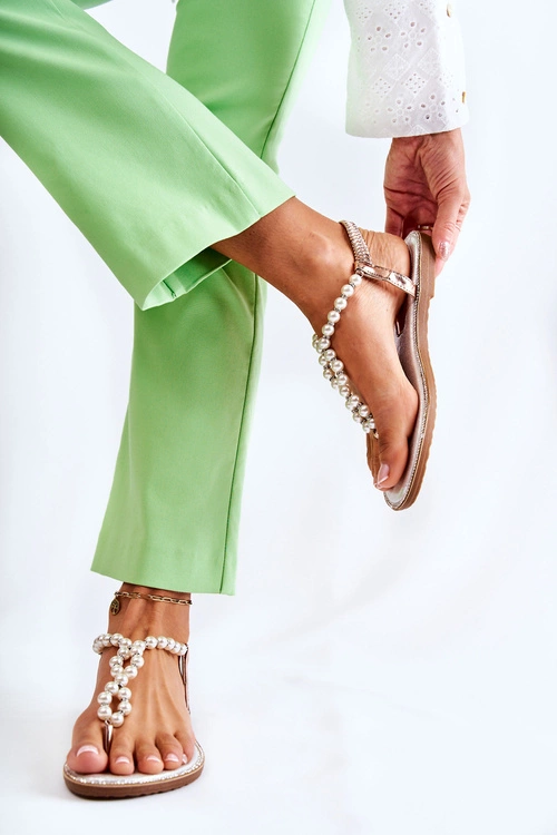 Modne Sandały Japonki Z Perłami Różowe Złoto Isalia