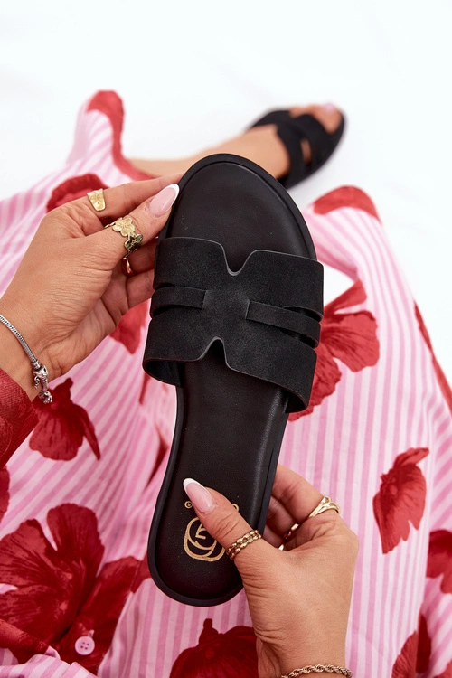 Klapki Damskie Na Płaskim Obcasie Z Wycięciami Eko Zamszowe Czarne Teterre