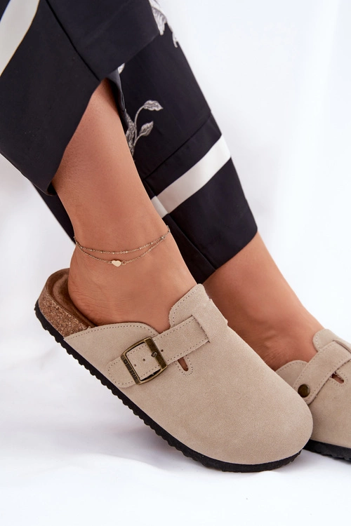 Zamszowe Klapki Chodaki Damskie Z Klamrą Big Star RR274A385 Beżowe