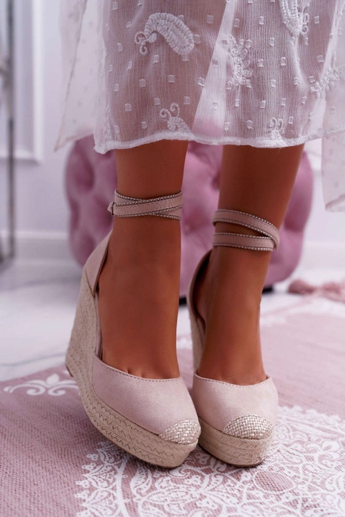 Sandały Damskie Na Koturnie Lniane Różowe Canterola