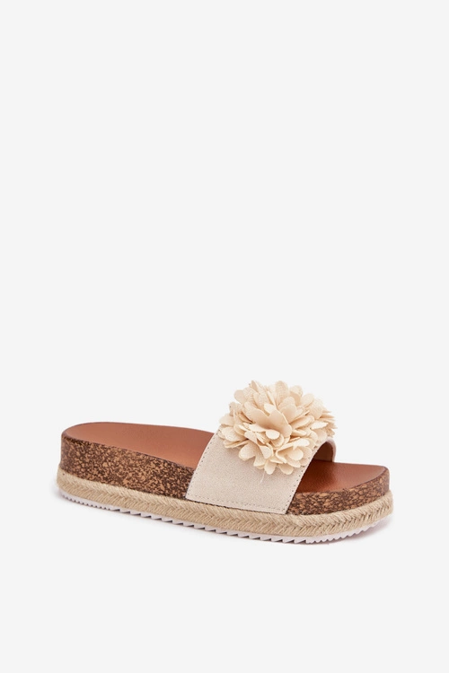 Klapki Damskie Na Platformie Z Ozdobnymi Kwiatkami Beżowe Tessara