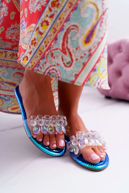 Damskie Klapki Z Cyrkoniami Lu Boo Benzynowe Niebieskie Mediana